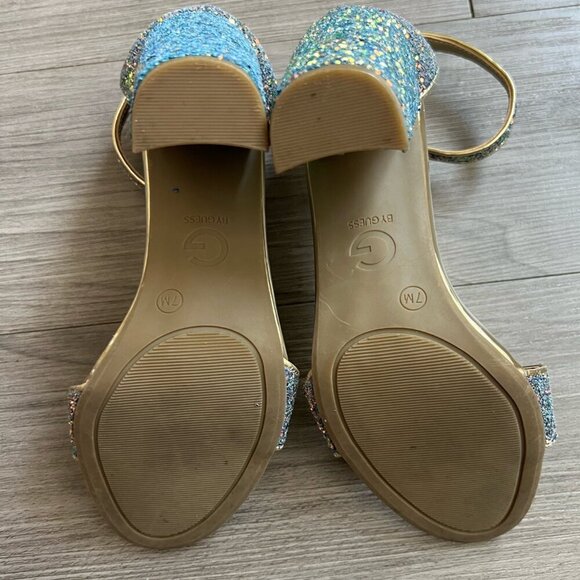 G By Guess Shantel Gold Rainbow Glitter Party Strappy Block Heels Size W7 - Picture 6 of 7
